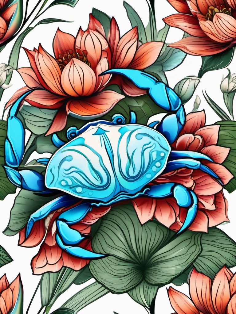 Crab and lotus flower tattoo. Symbol of purity within emotions.  color tattoo design, white background