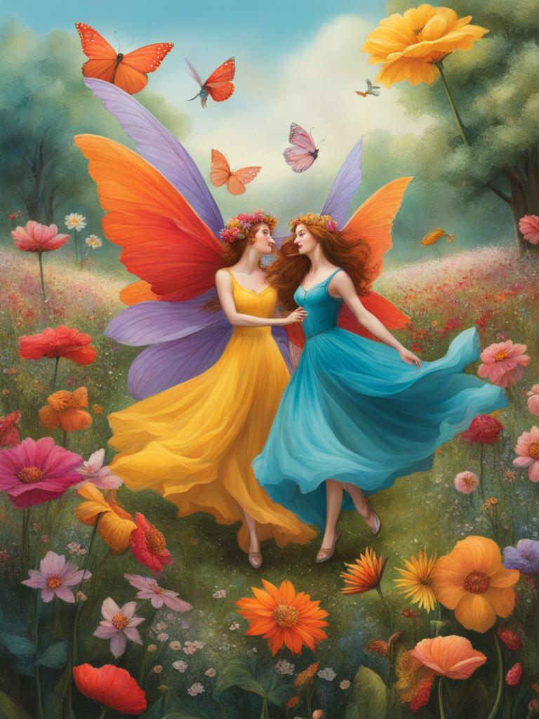 whimsical fairy folk frolicking in a field of vibrant, oversized flowers. 