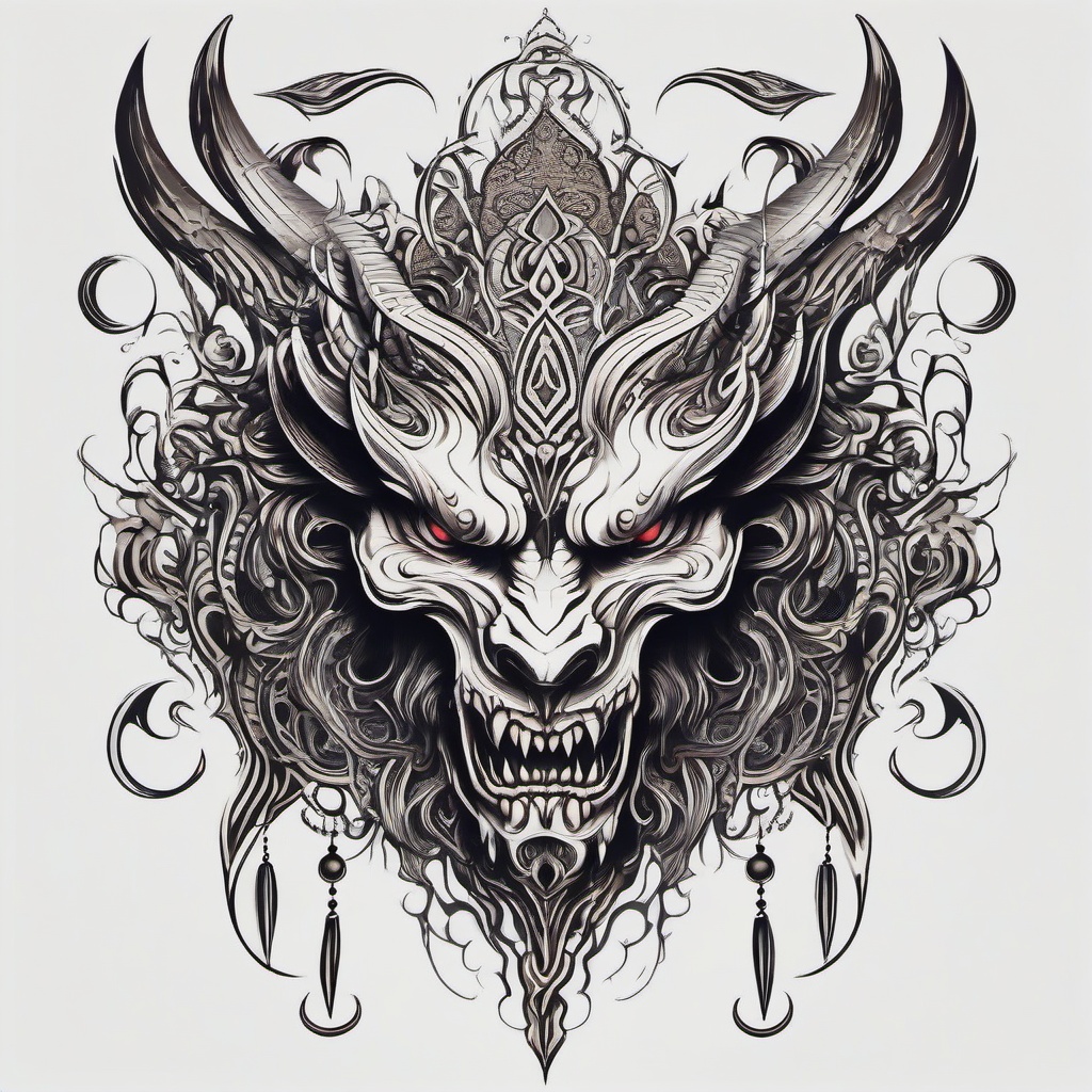 Demon Design Tattoo-Intricate and artistic tattoo design featuring a demonic motif, showcasing creativity and symbolism.  simple color tattoo,white background