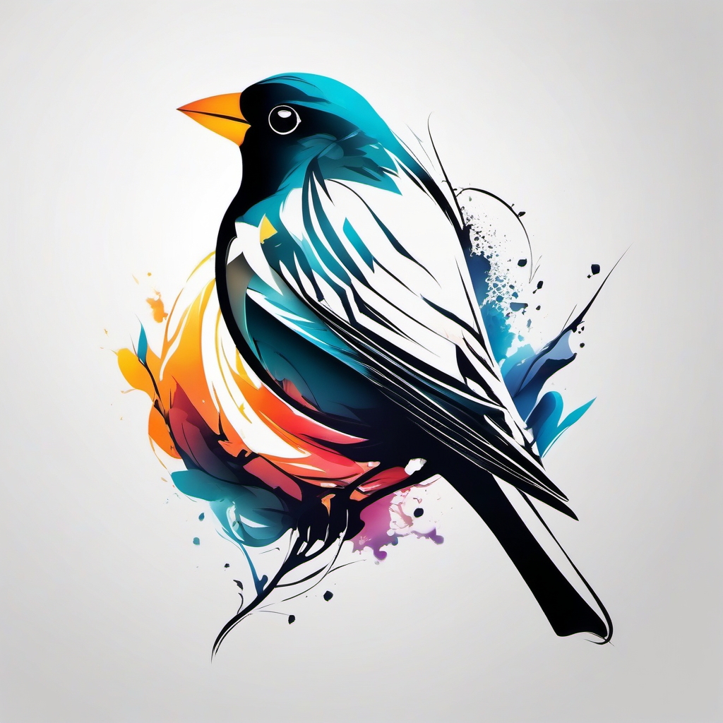 Abstract finch tattoo breaking free in artistic expression.  color tattoo style, minimalist design, white background