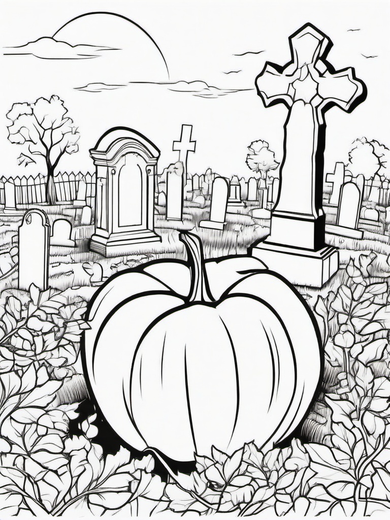 Pumpkin with Gravestone Coloring Pages - Gravestone and Pumpkin in a Cemetery  minimal black outline printable sheet, coloring page