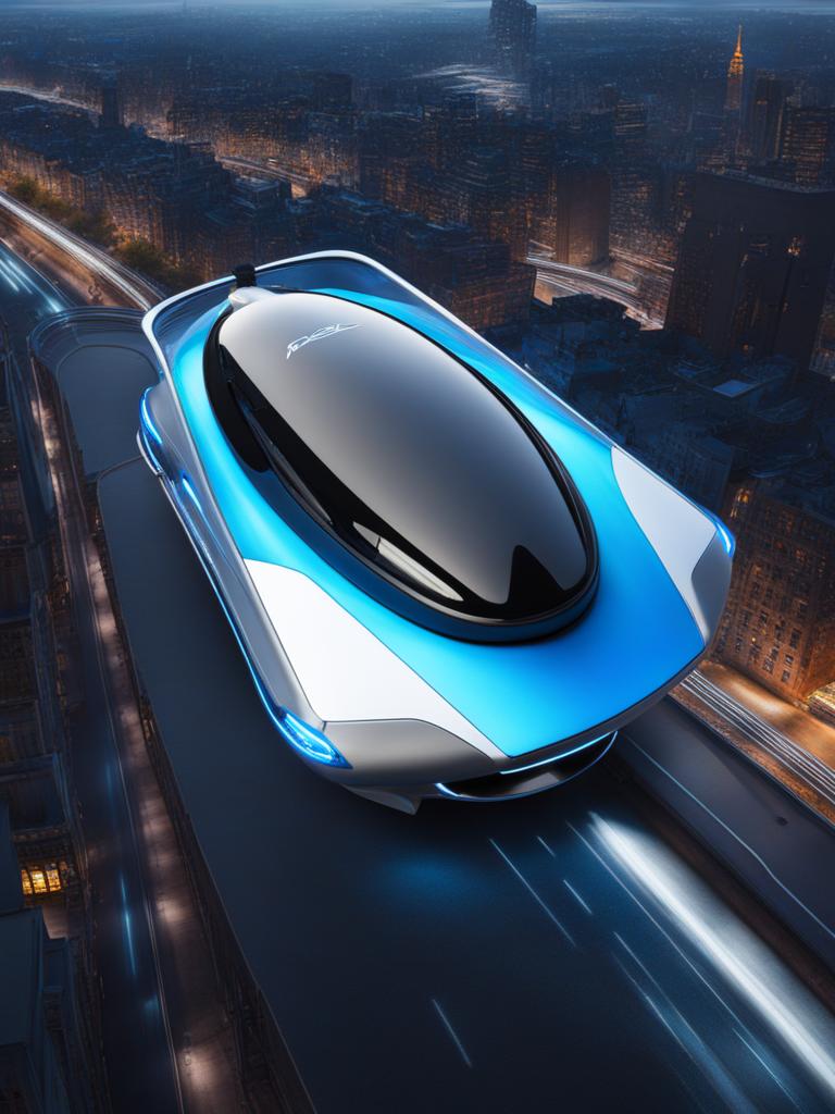 sleek hovercar with a luminescent blue undercarriage, gliding effortlessly above cityscapes. 