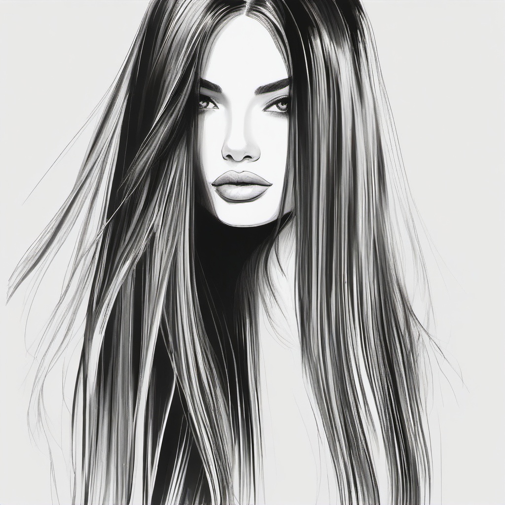 drawing of silky straight hair with a shine  minimal rough sketch scribbles,doodles,black and white