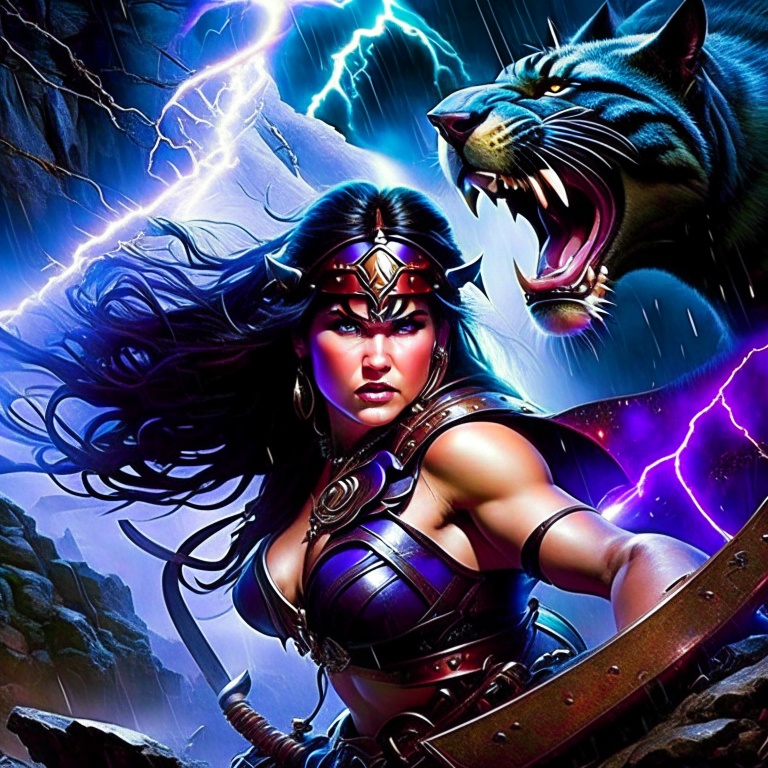 xena vs the chimera - the warrior princess xena takes on the fearsome chimera in a thunderstorm-filled canyon, wielding her trusty chakram. 