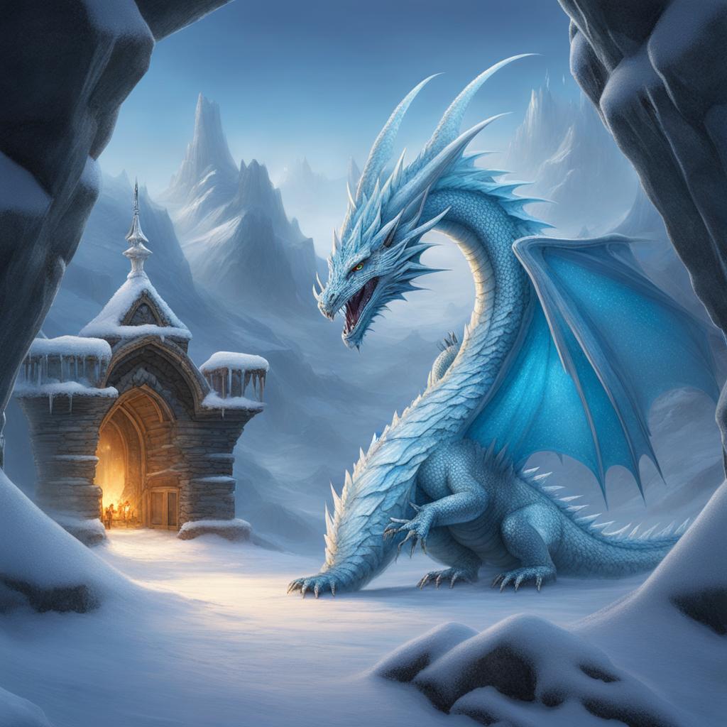 ice dragon dwelling in a frozen tundra, its scales shimmering with frost as it guards a hidden ice cavern. 