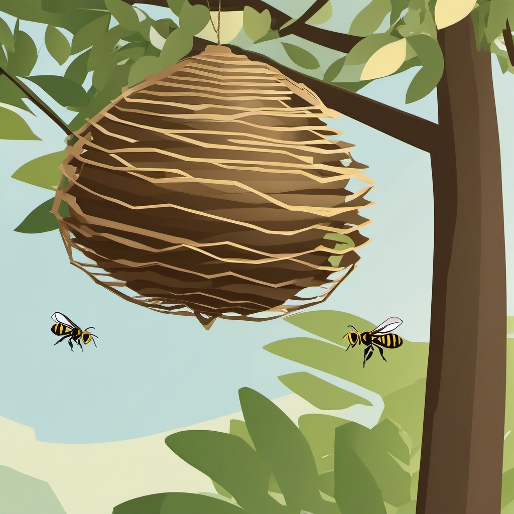 Paper Wasp Nest Clip Art - A paper wasp nest hanging from a tree,  color vector clipart, minimal style