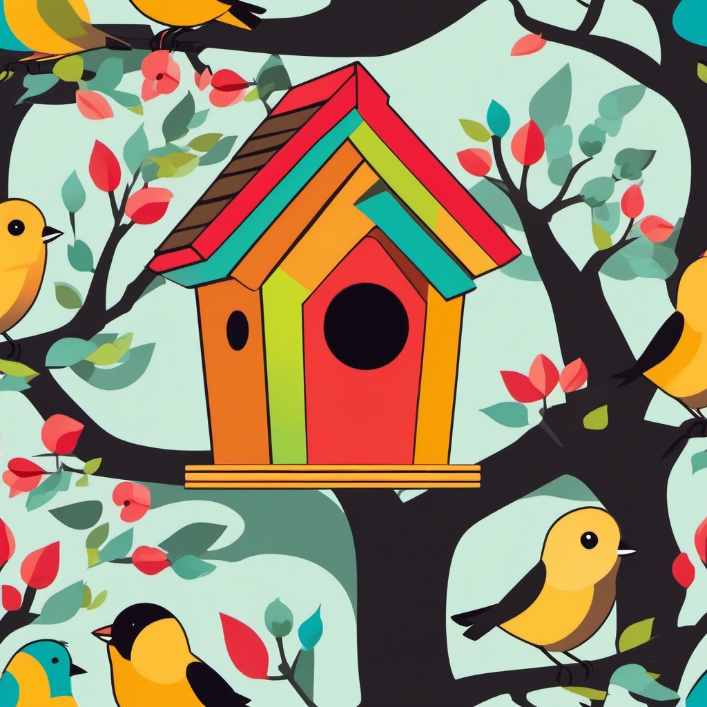 Birdhouse clipart - A colorful birdhouse in a tree, ,vector color clipart,minimal