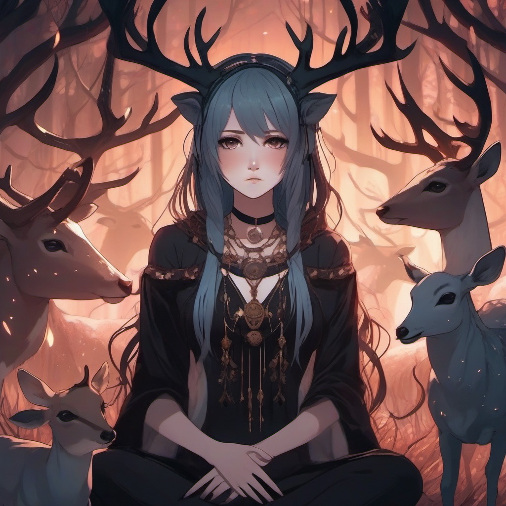 creepy anime emo girl with dark magic aura and demonic deer antlers and
dead baby fawn deer skulls floating around her body. in the background are un dead animals   front facing ,centered portrait shot, cute anime color style, pfp, full face visible