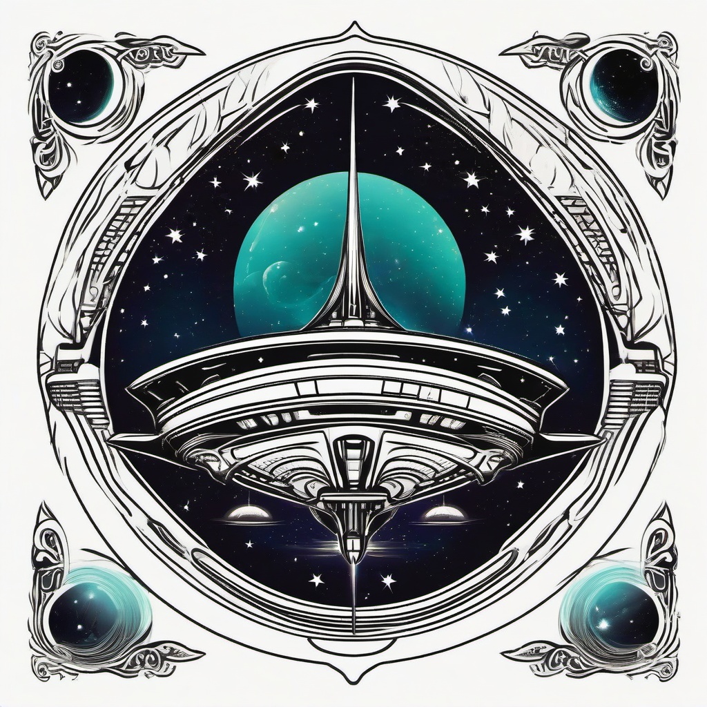 Alien Ship Tattoo - Symbolic representation of cosmic travel in an alien ship tattoo.  simple color tattoo,vector style,white background