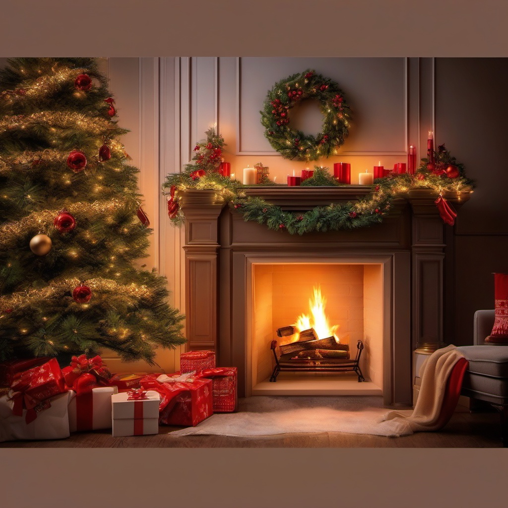 Christmas Background Images - Cozy Fireplace on Christmas Eve  wallpaper style, intricate details, patterns, splash art, light colors