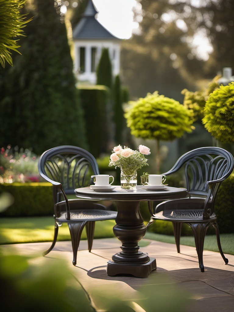 Elegant Backyard Retreat - Elegant backyard retreat with a formal garden and classic outdoor furniture. realistic, professional photography, bokeh, natural lighting, canon lens, shot on dslr 64 megapixels sharp focus