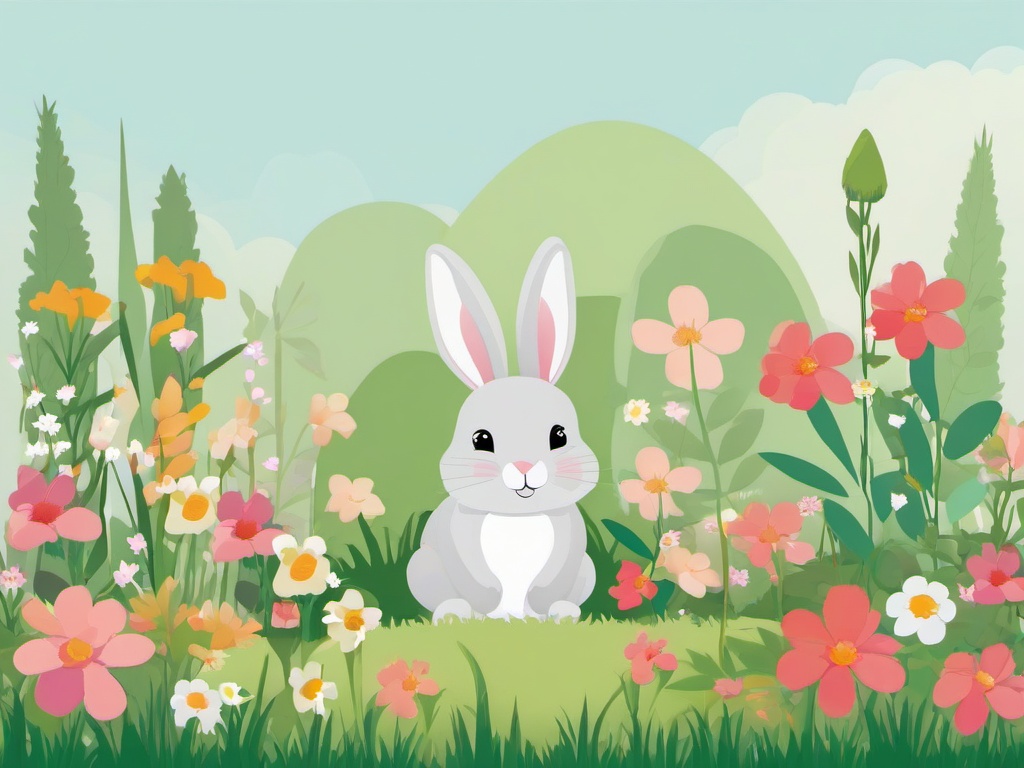 Bunny clipart - bunny in a garden with flowers  