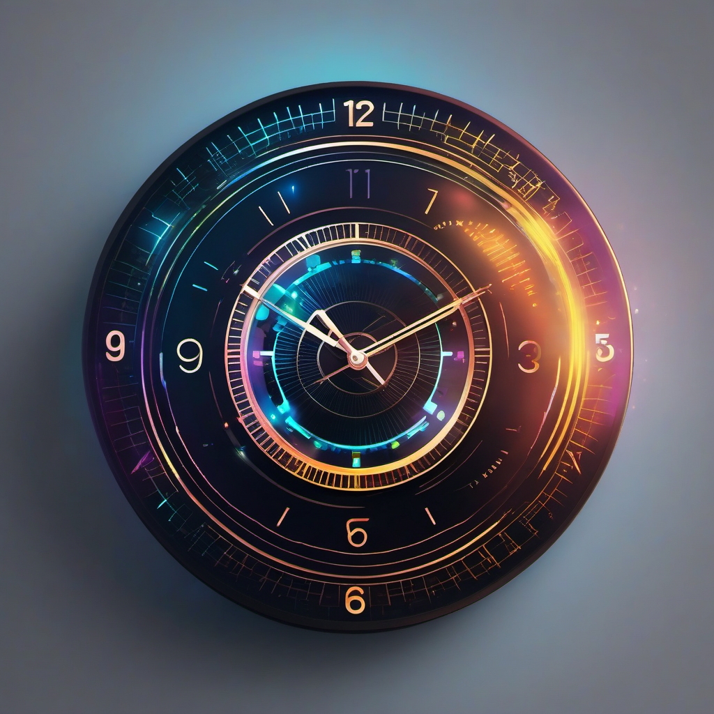 Futuristic holographic clock ink: Time portrayed in a technologically advanced manner.  simple color tattoo style