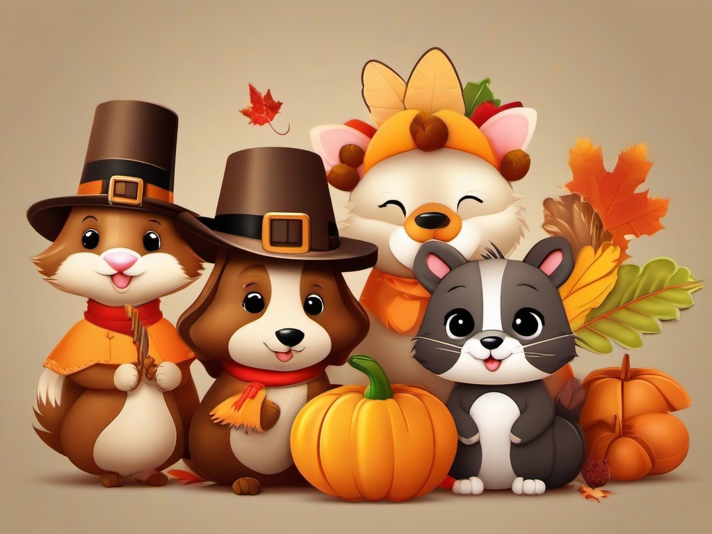 Thanksgiving Wallpaper-A playful Thanksgiving design, featuring cute animal characters dressed in Thanksgiving costumes.  aesthetic background wallpaper