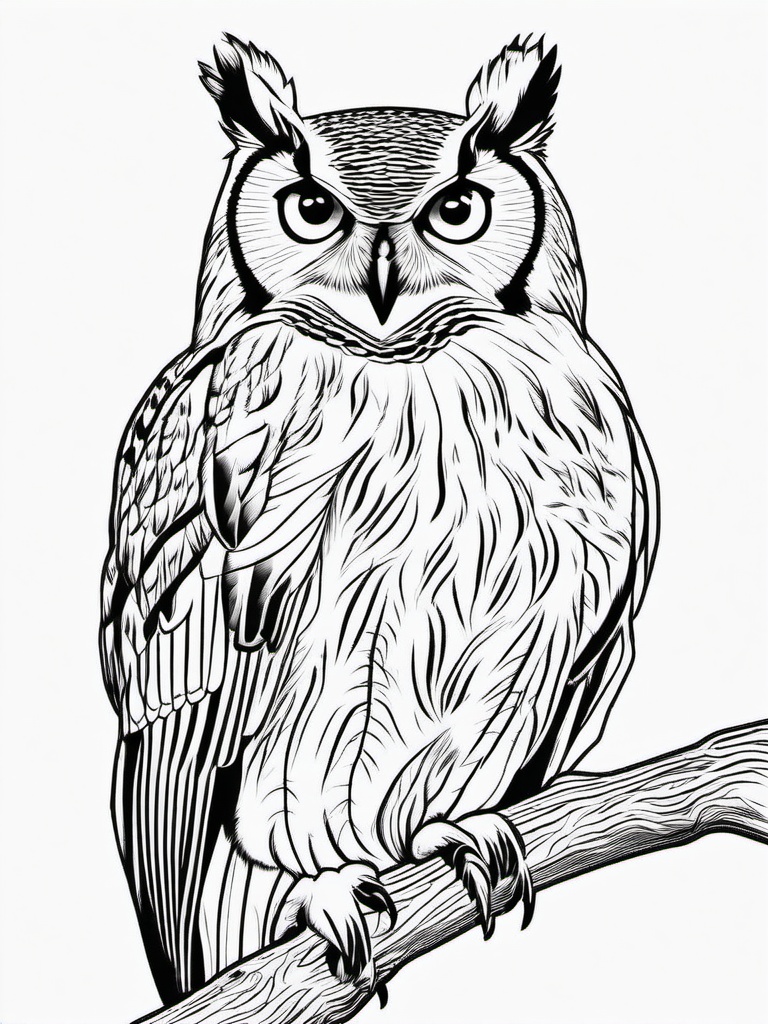 Great Horned Owl Coloring Pages - Nighttime Bird of Prey  minimal black outline printable sheet, coloring page