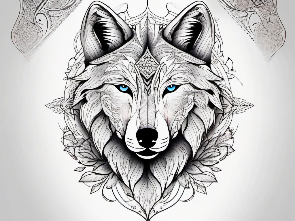 Wolf Fine Line Tattoo,delicate and intricate wolf tattoo, showcasing the artistry of fine lines and detail. , color tattoo design, white clean background