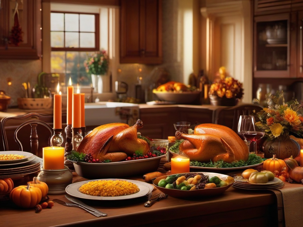 Thanksgiving Wallpaper-A warm, inviting kitchen filled with the aroma of Thanksgiving dinner, family and friends gathered around the table.  aesthetic background wallpaper