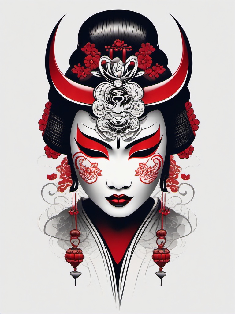 Oni Geisha Mask Tattoo - Unique blend of the Oni mask and the elegance of a Geisha in tattoo art.  simple color tattoo,white background,minimal