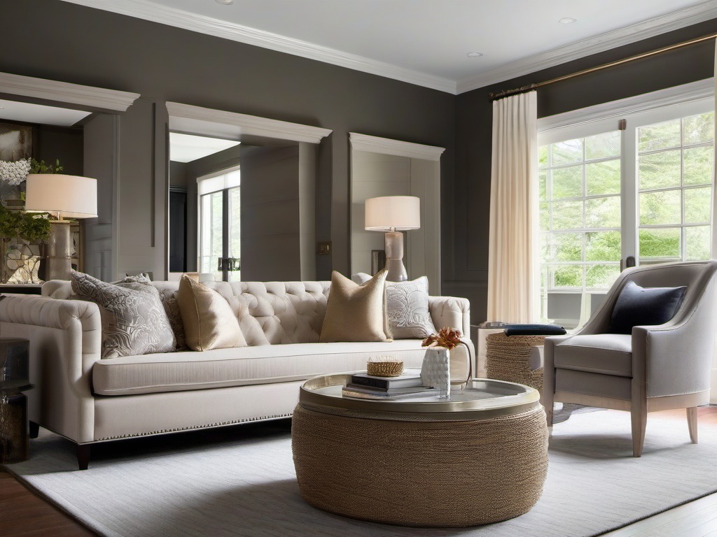 Transitional living room blends classic and contemporary elements with a tufted sofa, sleek lighting, and neutral tones for a balanced look.  