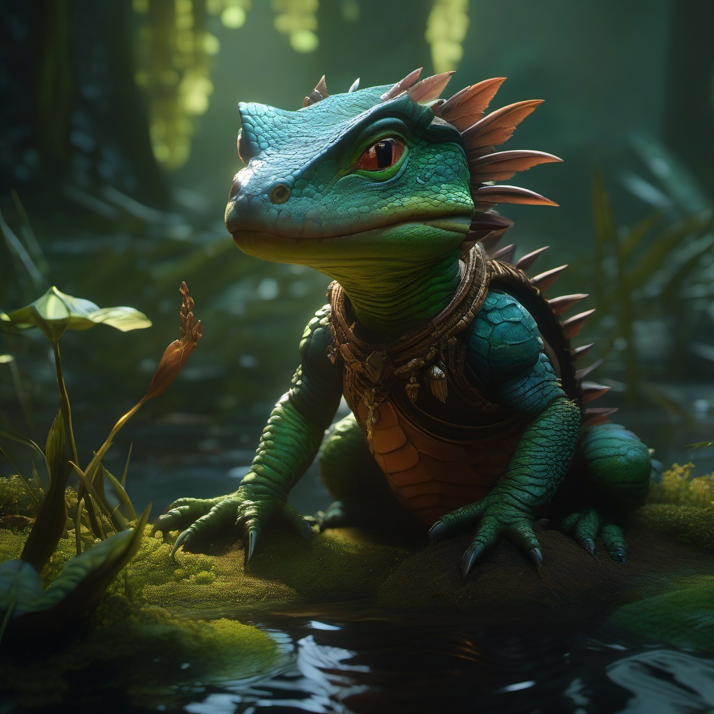 Lizardfolk Shaman's Baby Hatchling in a Swamp Ritual detailed matte painting, deep color, fantastical, intricate detail, splash screen, complementary colors, fantasy concept art, 8k resolution trending on artstation unreal engine 5