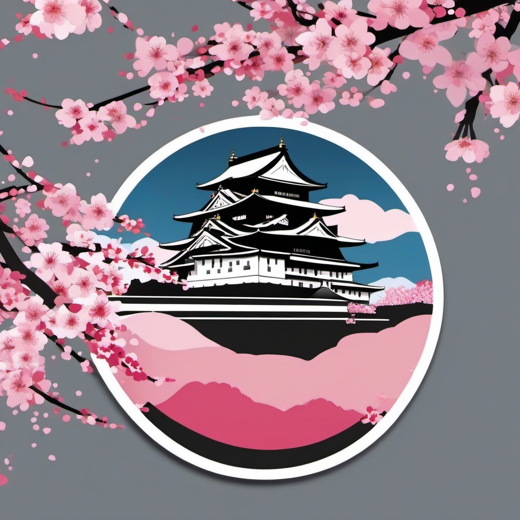 Osaka Castle Cherry Blossoms sticker- Cherry blossoms around Osaka Castle in Japan, , sticker vector art, minimalist design