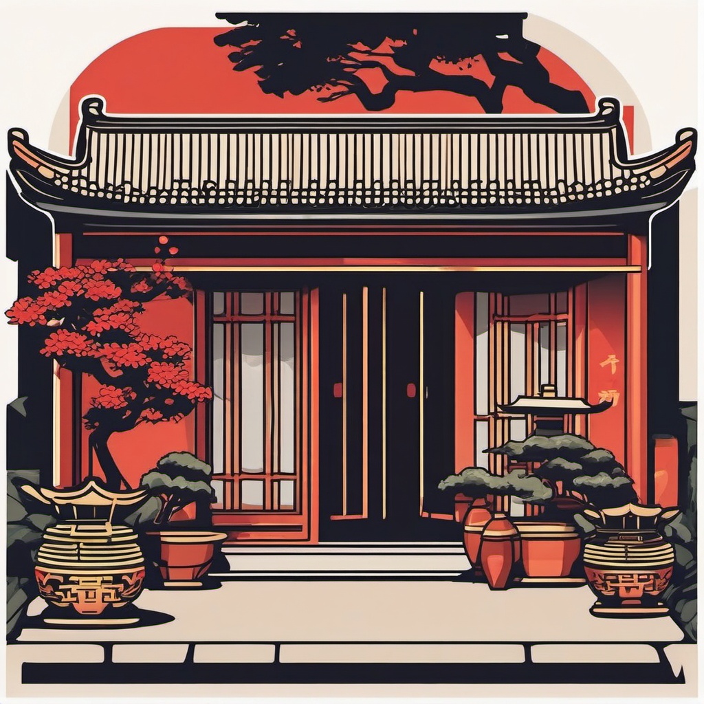 Traditional Chinese Courtyard Sticker - Embrace the cultural richness of a traditional Chinese courtyard with this elegant sticker, , sticker vector art, minimalist design