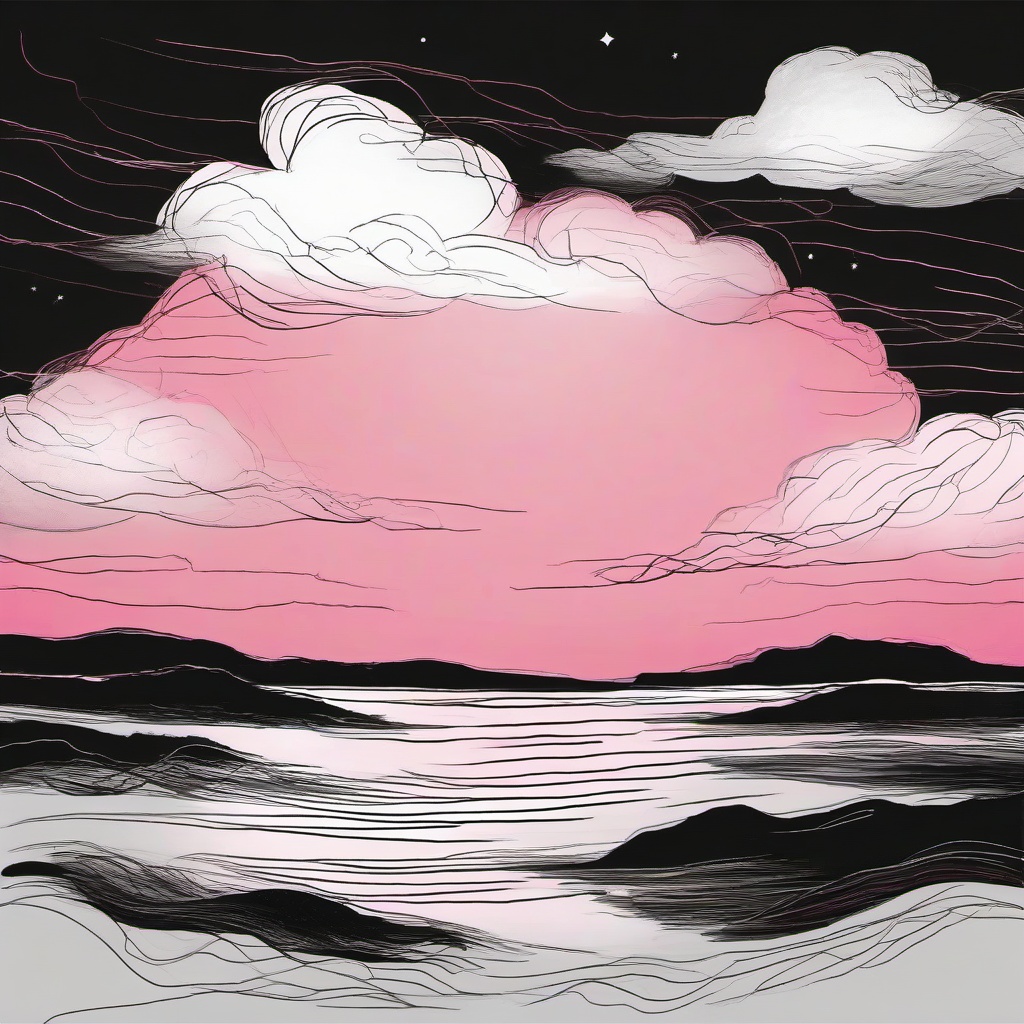 drawing of a sunset with pink clouds  minimal rough sketch scribbles,doodles,black and white