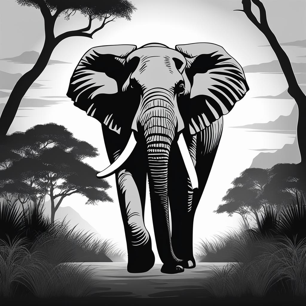 elephant clipart black and white in a serene savannah - displaying majestic presence. 