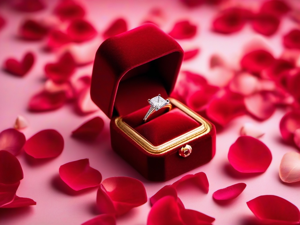 Valentines Day background - Engagement ring inside a red velvet box surrounded by petals  aesthetic background wallpaper