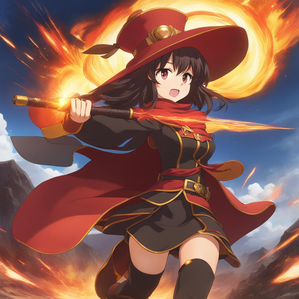 megumin - unleashes fiery explosions in a volcanic arena, creating a dazzling spectacle. 