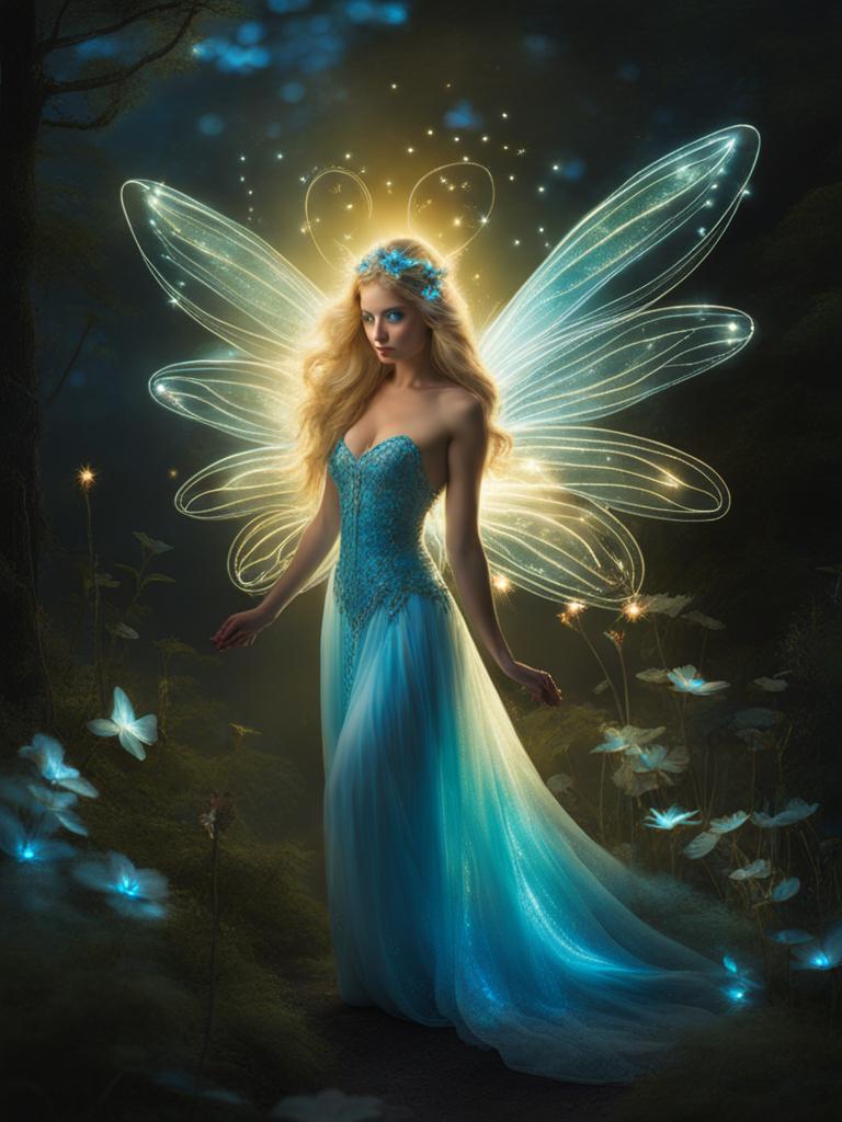 whimsical fairy illuminating the night with bioluminescent wings. 