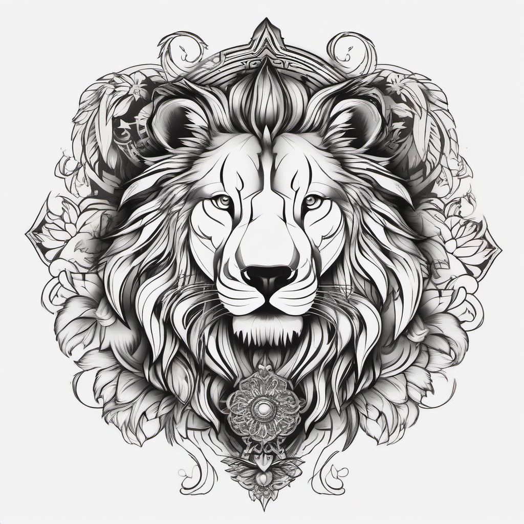 Lion and Wolf Tattoo,awe-inspiring alliance between the regal lion and the untamed wolf, symbol of strength and unity. , tattoo design, white clean background