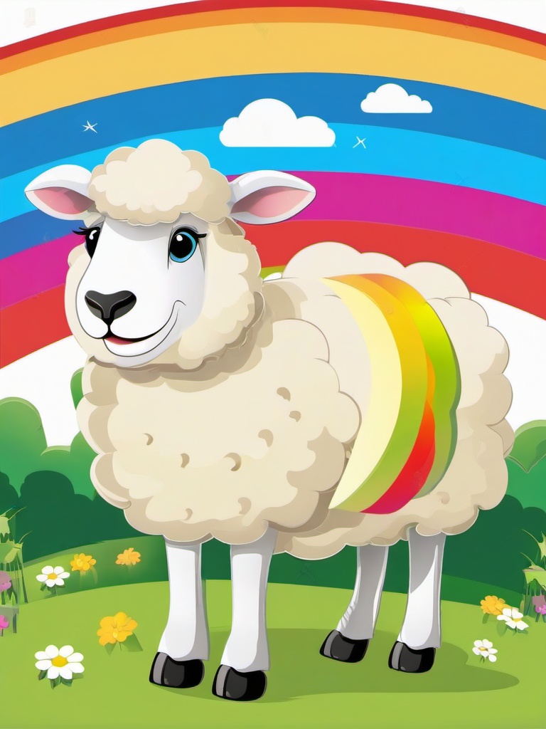 Sheep clipart - sheep with a rainbow in the background  