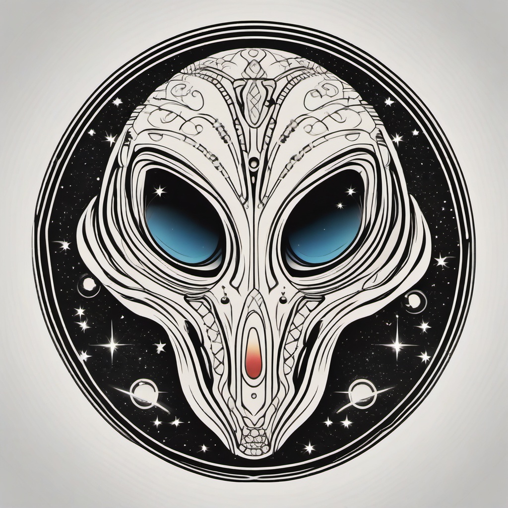 Traditional Alien Tattoo - Classic elegance meets cosmic charm in a traditional-style alien tattoo.  simple color tattoo,vector style,white background