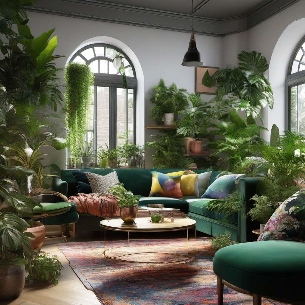 Urban Jungle Oasis - Turn your living room into an urban jungle with abundant houseplants. , living room decor ideas, multicoloured, photo realistic, hyper detail, high resolution,