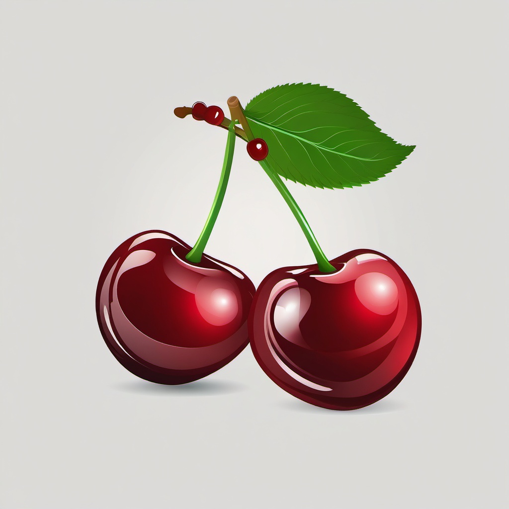 Two cherries with a green leaf clipart.  vector style illustration, white background