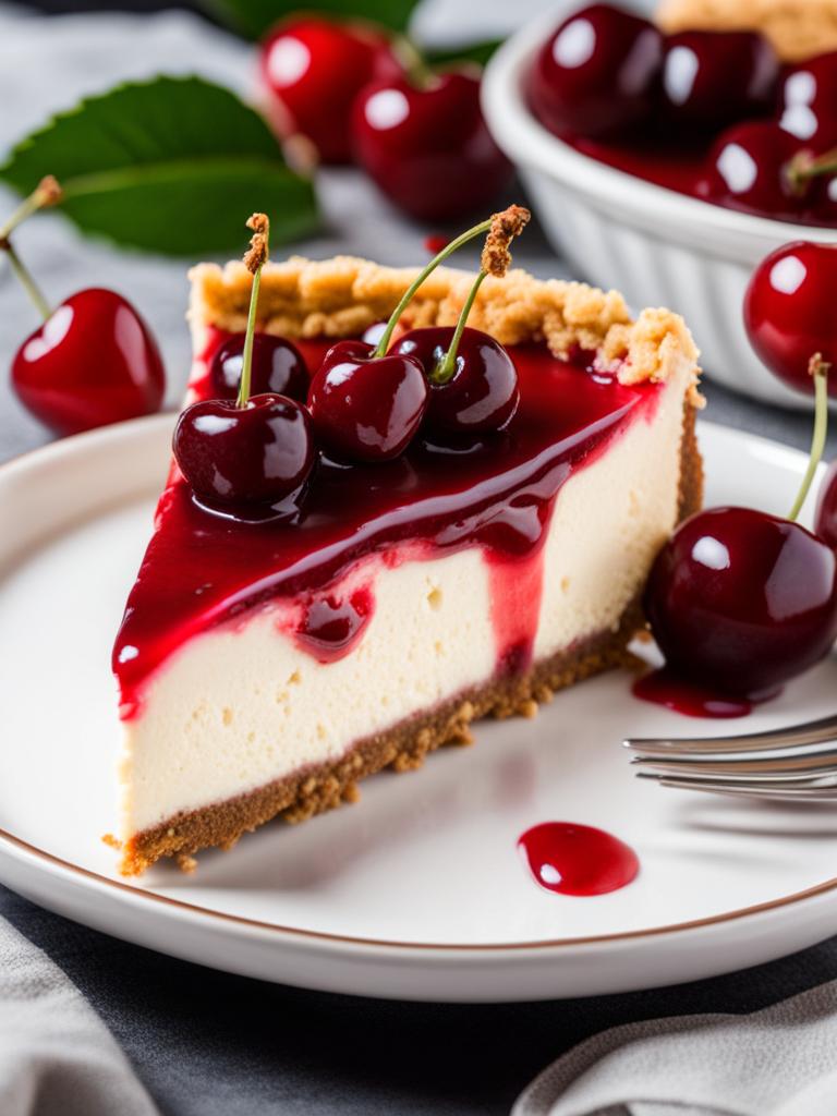 slice of classic cherry cheesecake, with a graham cracker crust and cherry topping. 