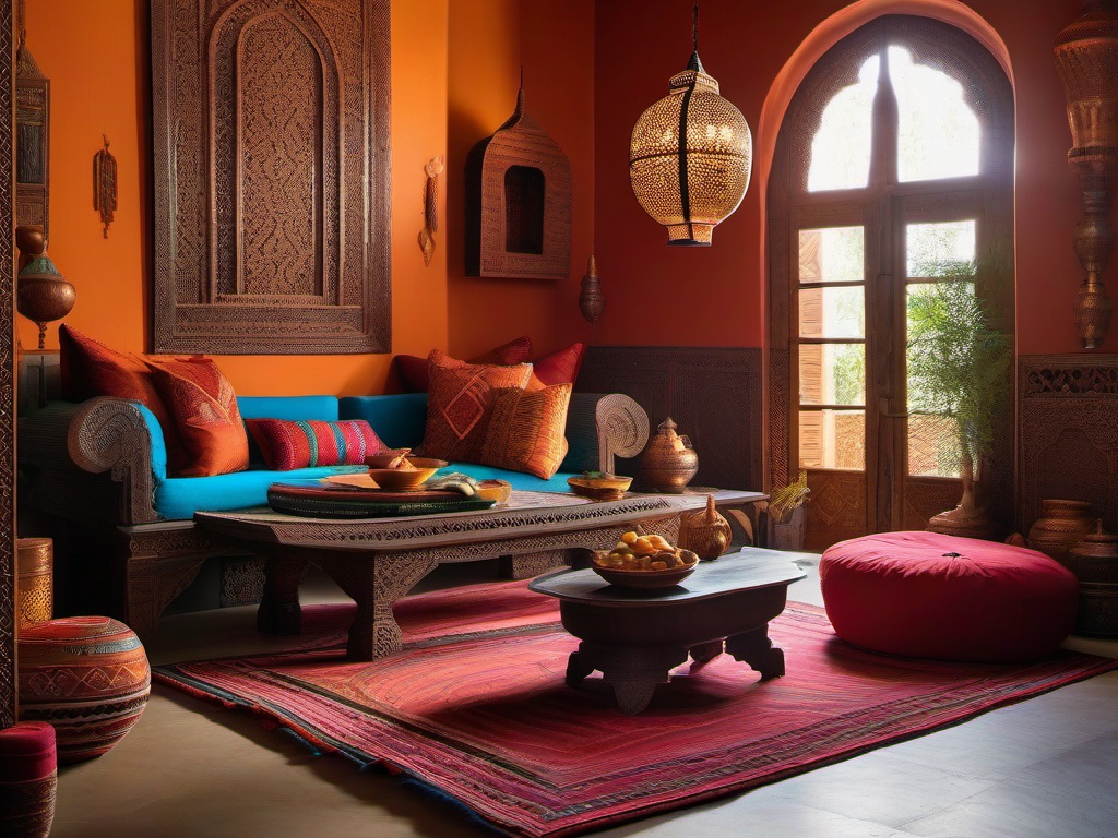 Moroccan living room dazzles with its intricately carved wooden furniture, vibrant handwoven rugs, and ornate lanterns, creating a richly textured, exotic escape.  