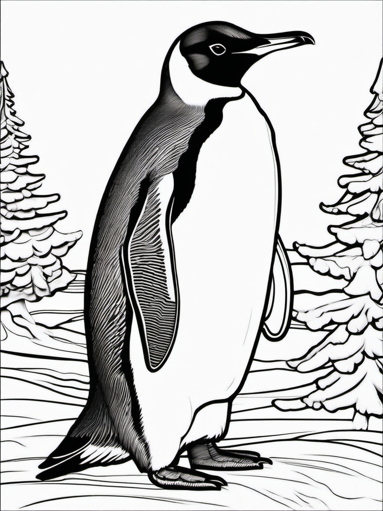 Penguin Coloring Pages - Penguin standing next to a Christmas tree  simple coloring pages