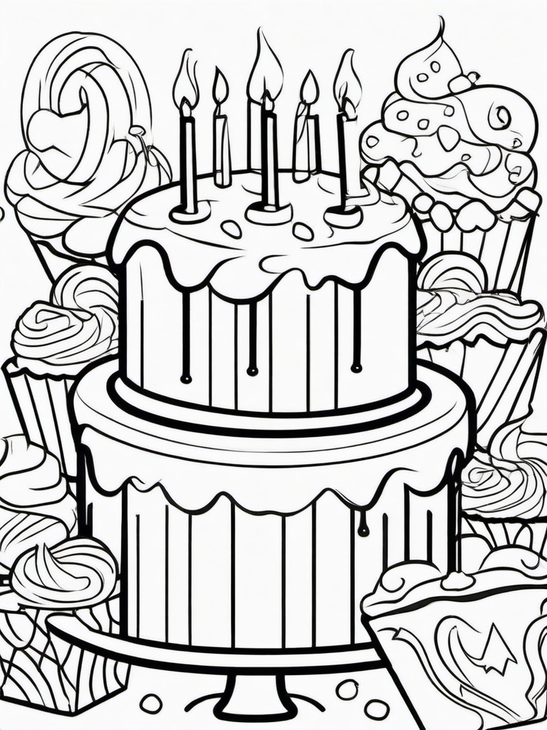 Happy Birthday Cake Toppers Coloring Pages - Cake Decorated with Fun Cake Toppers  minimal black outline printable sheet, coloring page