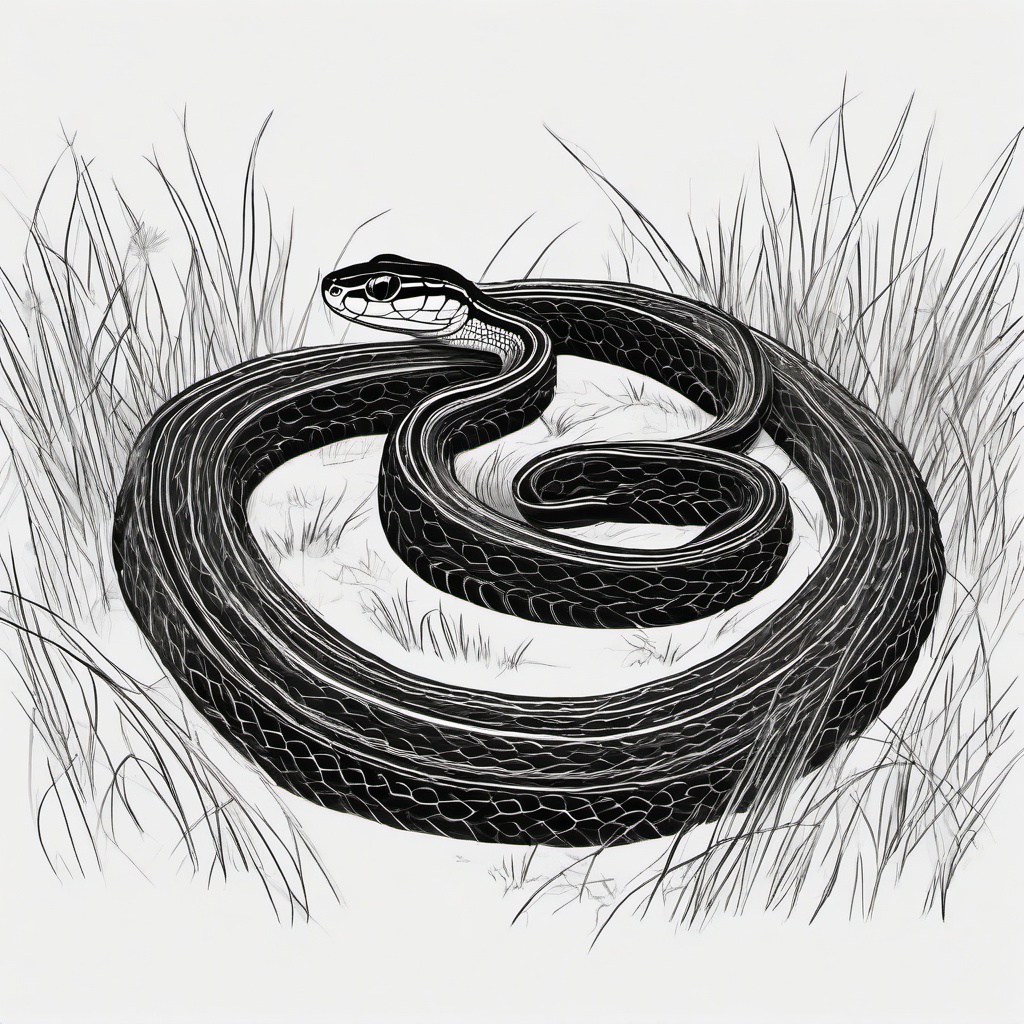 drawing of a garter snake in the grass  minimal rough sketch scribbles,doodles,black and white