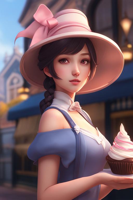 a girl as ( fantasy personification of chocolate cupcake ), character design, cute hats, victorian inspired clothing, unreal engine, highly detailed, smooth, digital illustration by artgerm, tooth wu, studio ghibli, sharp focus, artstation. ribbons, fractal swirls. a fantasy bakery by studio ghibli, makoto shinkai, global illumination, sweets, blender, maya 8 k