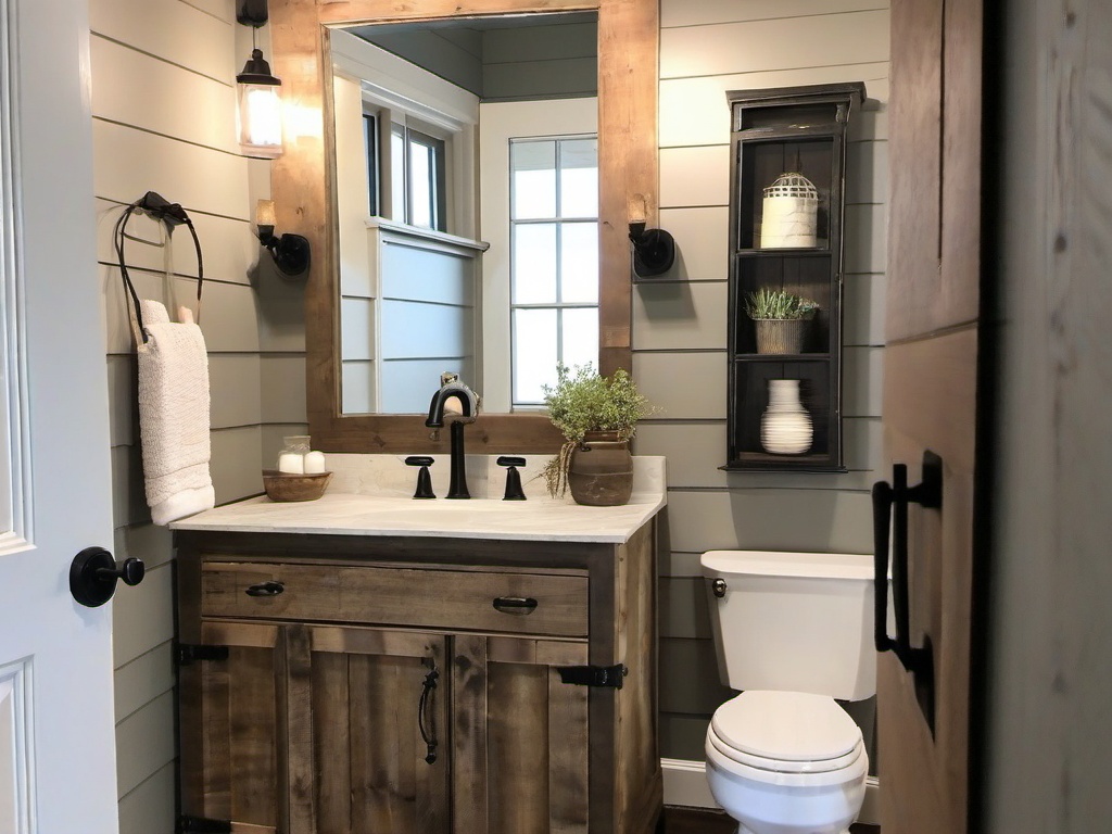 Farmhouse small bathroom offers shiplap walls, a small farmhouse sink, and rustic decor that create a warm and welcoming atmosphere.  