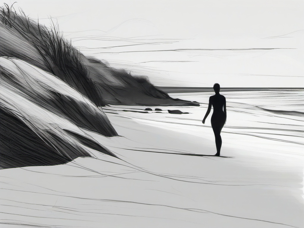 drawing of a body on a beach  minimal rough sketch scribbles,doodles,black and white