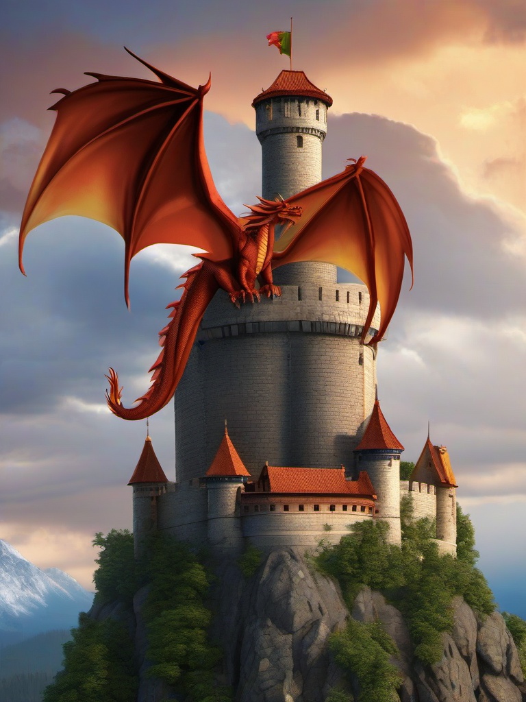 Dragon clipart - dragon perched on a castle tower  