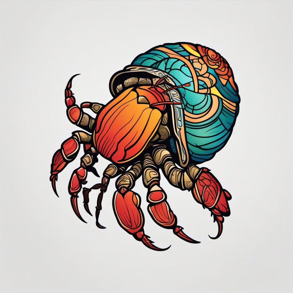 Hermit Crab Tattoo - Resourceful hermit crab in a colorful shell  few color tattoo design, simple line art, design clean white background