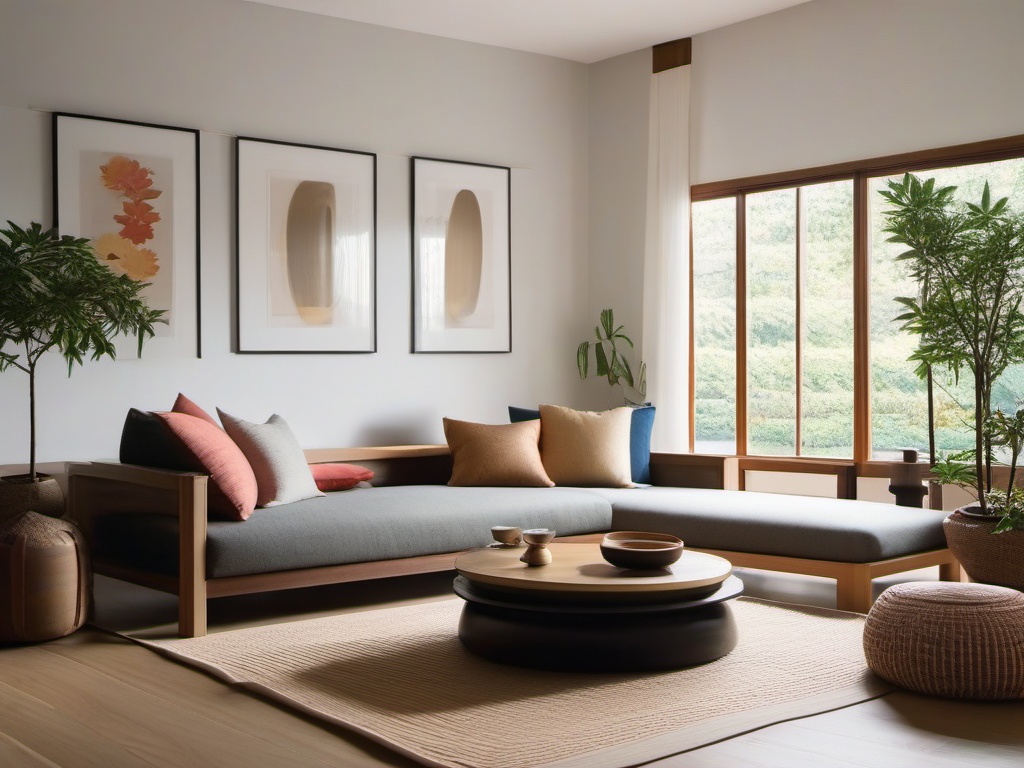 Japanese Zen Retreat - Create a serene and minimalistic Japanese-inspired living room. , living room decor ideas, multicoloured, photo realistic, hyper detail, high resolution,