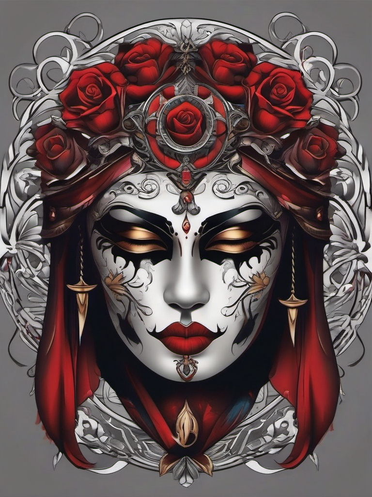 A death's mask conceals, marking an eternal mystery in the tattoo.  simple color tattoo style