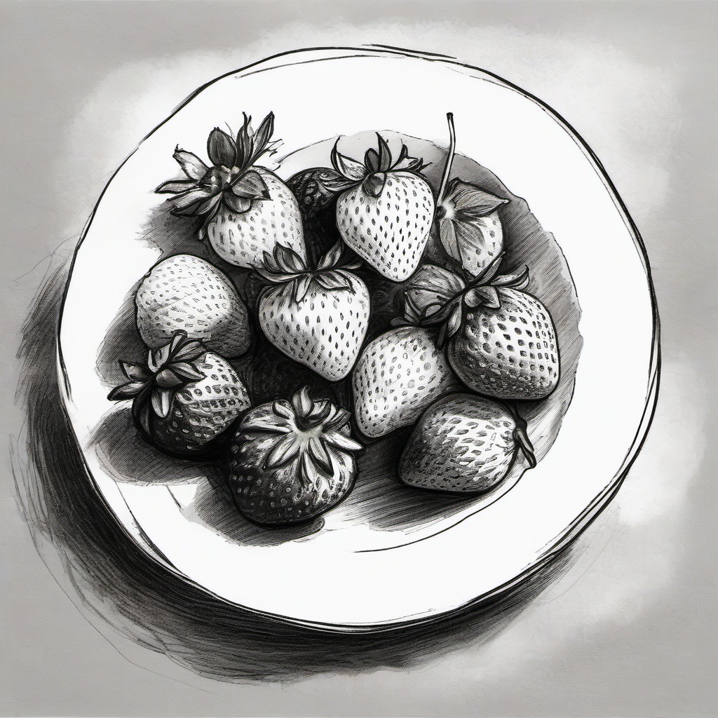 drawing of a strawberry on a plate  minimal rough sketch scribbles,doodles,black and white