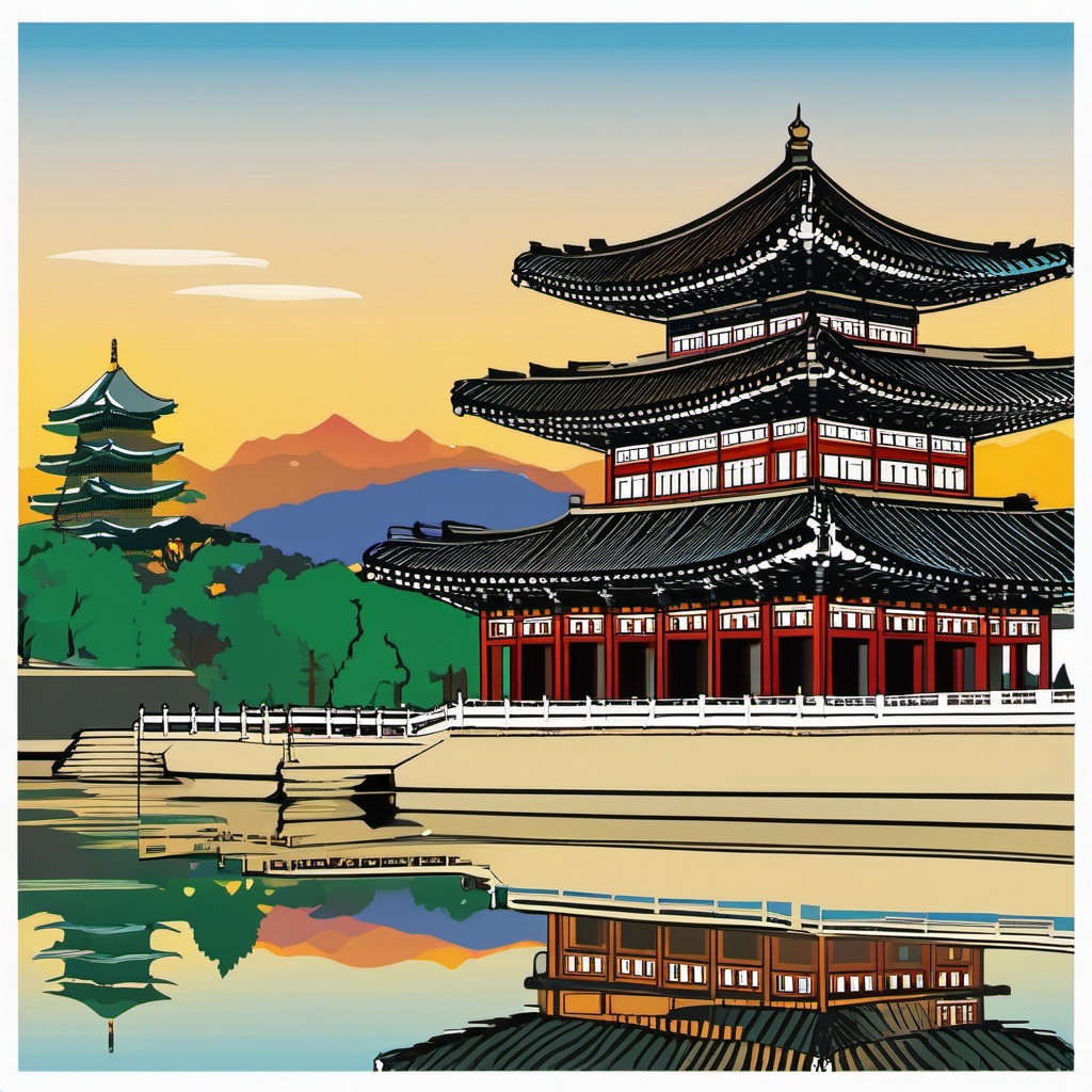 Seoul clipart - Gyeongbokgung Palace and Seoul skyline,  color vector clipart